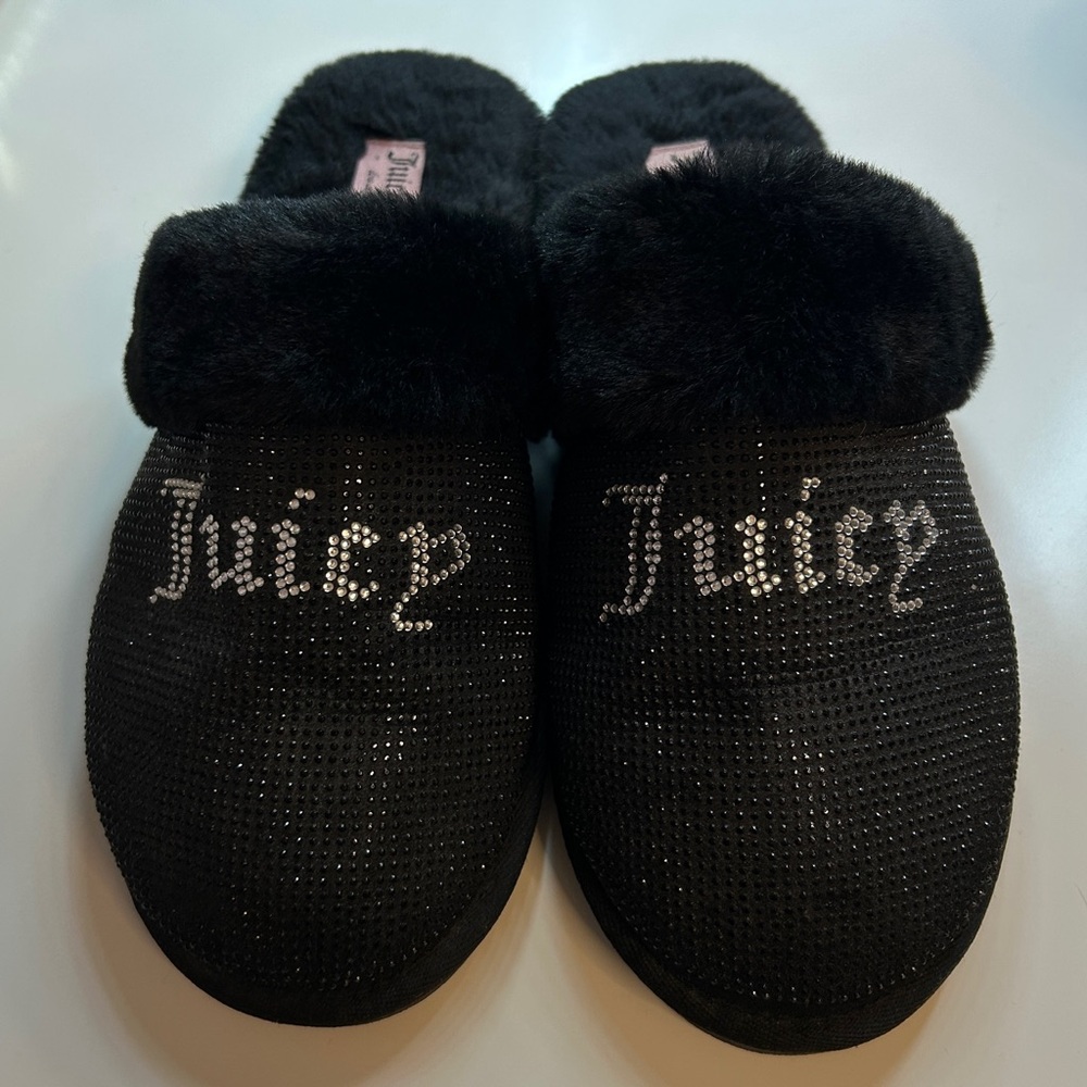 Juicy Couture Black Faux Fur Rhinestone 'Juicy' Slippers